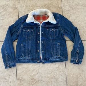 Levi’s Denim Trucker Jacket Reversible Fleece Flannel Blanket Lined Red Plaid L